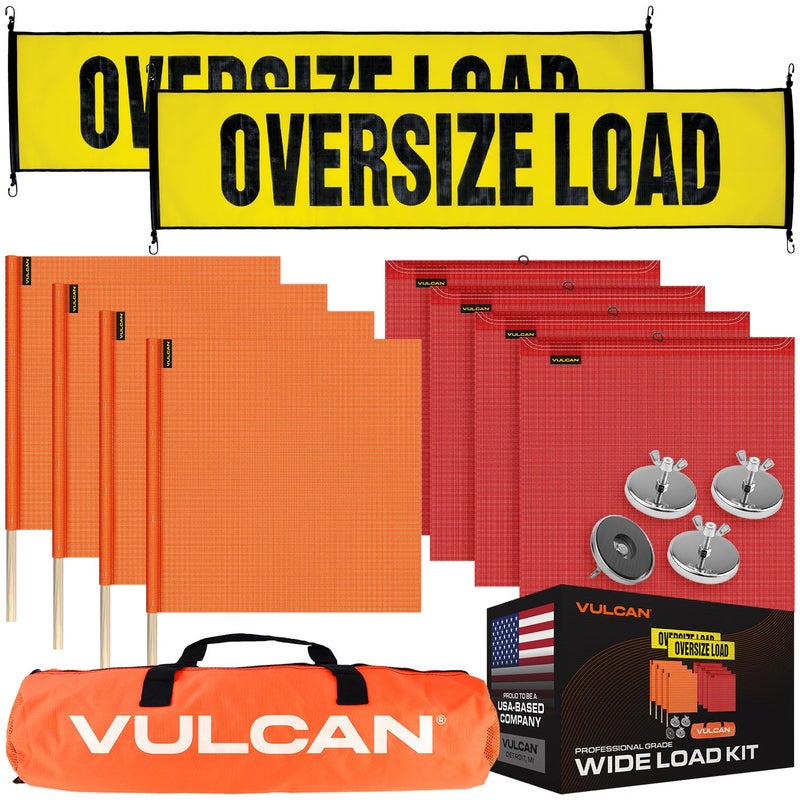 VULCAN Flags, Oversize Load Banners, and Magnets Kit - Includes 2 Stretch Cord Oversize Load Banners, 4 Magnets, 4 Red Flags, 4 Orange Flags, and A High-Viz Vented Storage Bag - Image 1